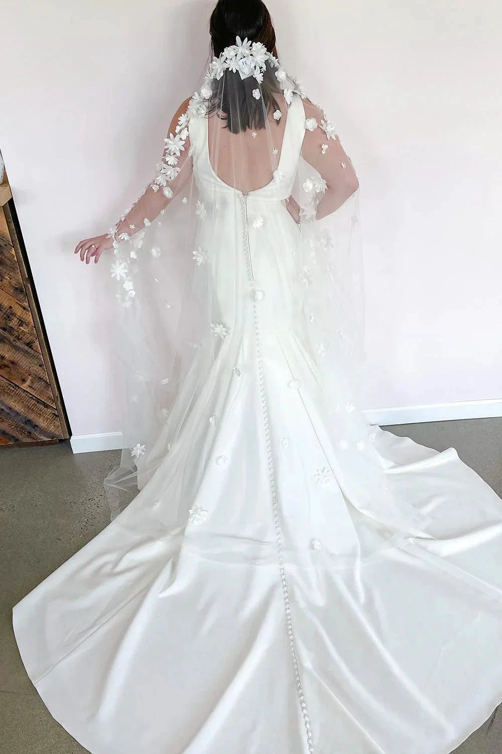 Romantic Long Mermaid V-neck Wide Straps Open Back Wedding Dress by BIZTUNNEL