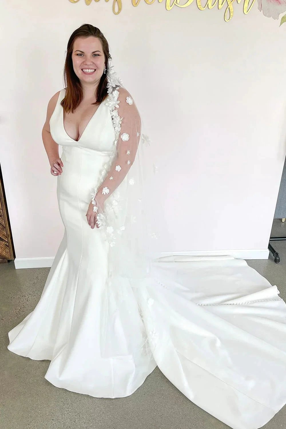 Romantic Long Mermaid V-neck Wide Straps Open Back Wedding Dress by BIZTUNNEL