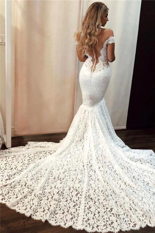 Romantic Long Off the Shoulder Appliques Lace Mermaid Wedding Dress by BIZTUNNEL