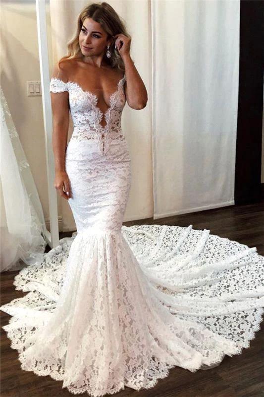 Romantic Long Off the Shoulder Appliques Lace Mermaid Wedding Dress by BIZTUNNEL