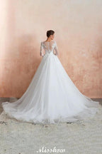 Romantic Long Sleeve Lace Ball Gown Tulle Fully Covered Buttons Aline Wedding Dress with Court Train by misshow.com