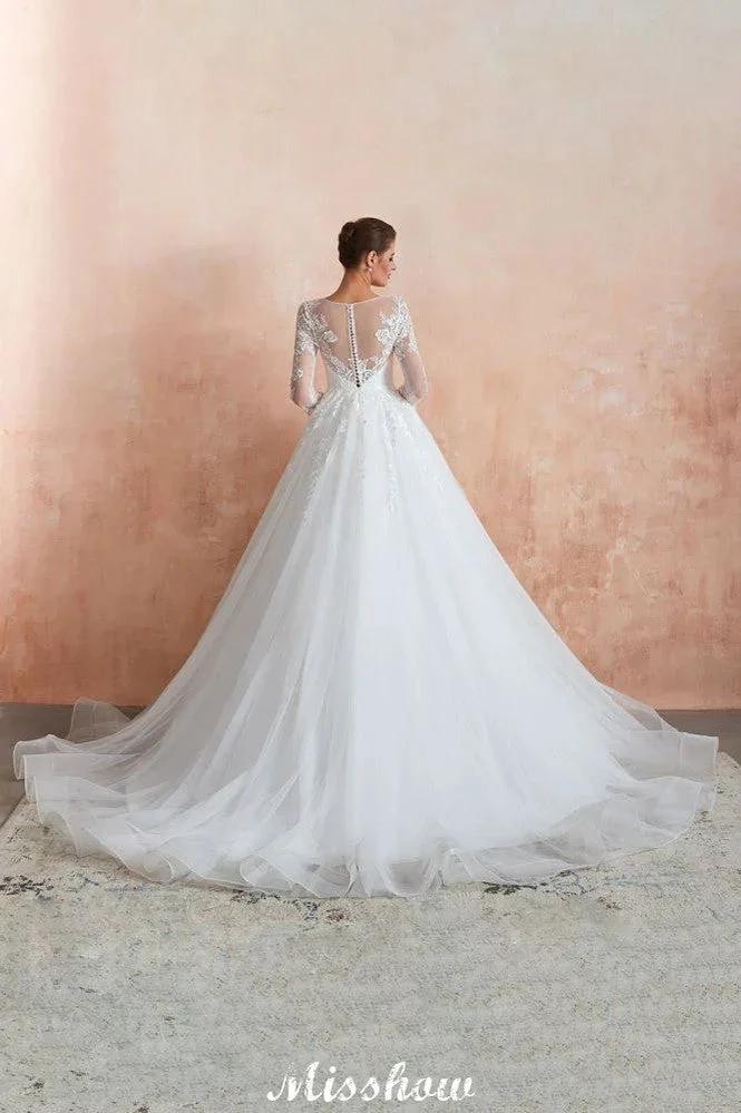 Romantic Long Sleeve Lace Ball Gown Tulle Fully Covered Buttons Aline Wedding Dress with Court Train by misshow.com