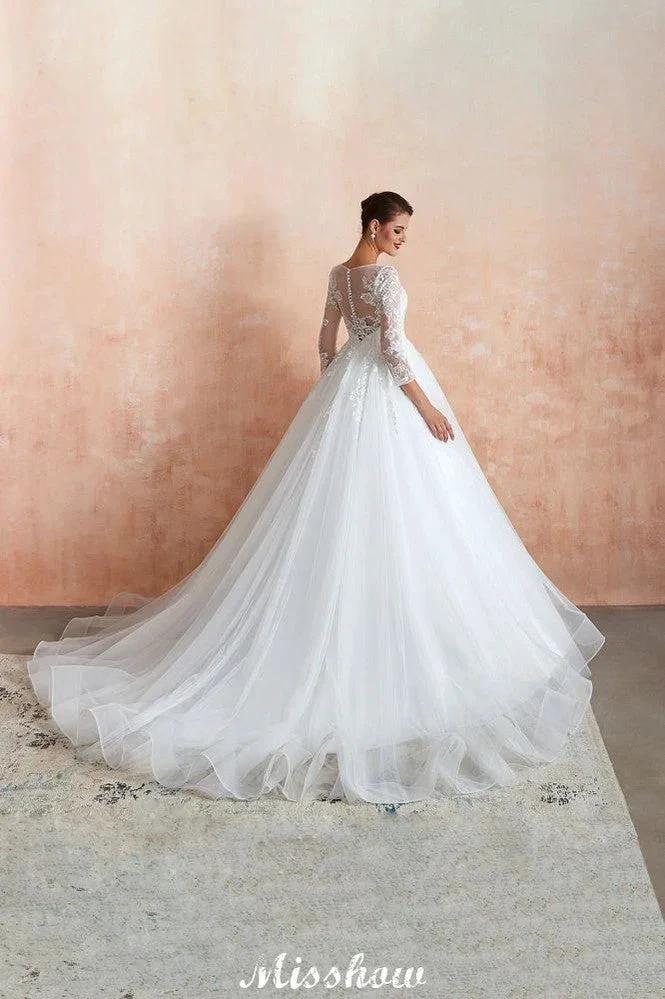 Romantic Long Sleeve Lace Ball Gown Tulle Fully Covered Buttons Aline Wedding Dress with Court Train by misshow.com
