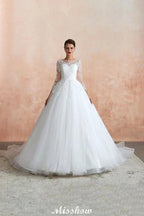 Romantic Long Sleeve Lace Ball Gown Tulle Fully Covered Buttons Aline Wedding Dress with Court Train by misshow.com