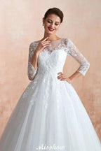 Romantic Long Sleeve Lace Ball Gown Tulle Fully Covered Buttons Aline Wedding Dress with Court Train by misshow.com