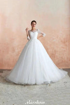 Romantic Long Sleeve Lace Ball Gown Tulle Fully Covered Buttons Aline Wedding Dress with Court Train by misshow.com