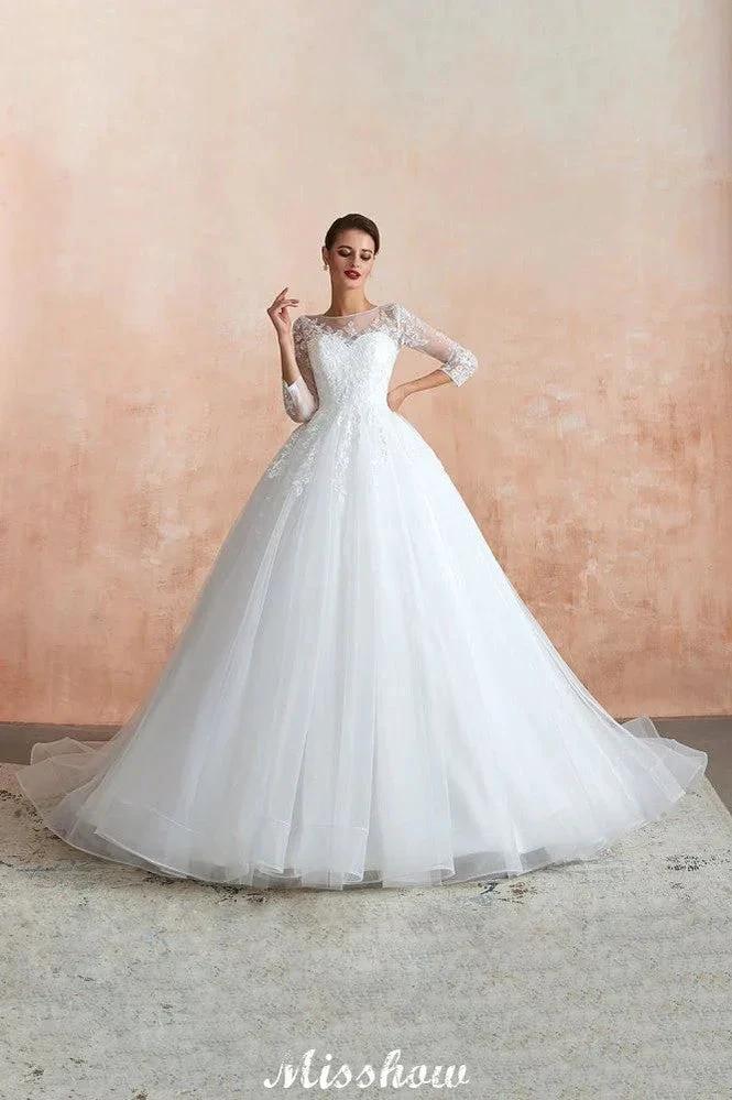 Romantic Long Sleeve Lace Ball Gown Tulle Fully Covered Buttons Aline Wedding Dress with Court Train by misshow.com