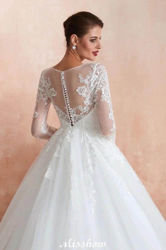 Romantic Long Sleeve Lace Ball Gown Tulle Fully Covered Buttons Aline Wedding Dress with Court Train by misshow.com