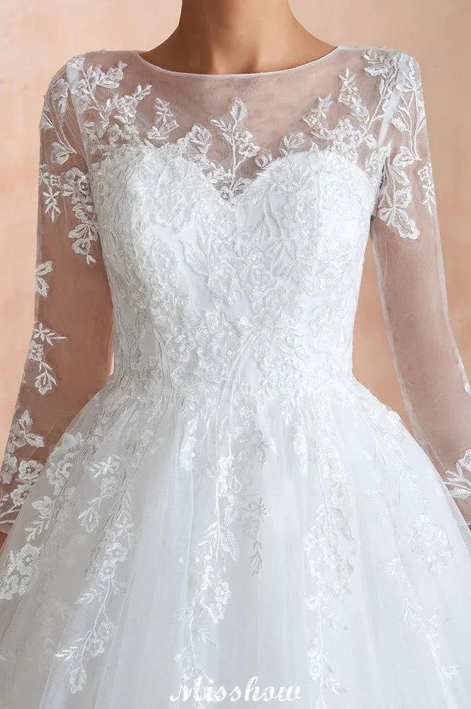 Romantic Long Sleeve Lace Ball Gown Tulle Fully Covered Buttons Aline Wedding Dress with Court Train by misshow.com