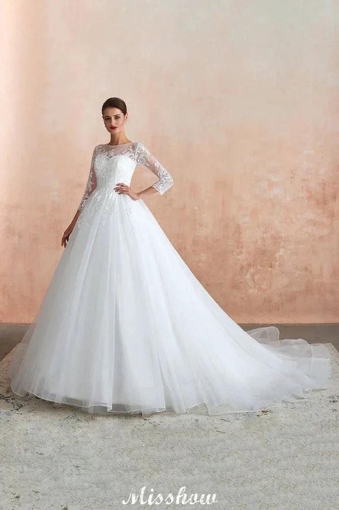 Romantic Long Sleeve Lace Ball Gown Tulle Fully Covered Buttons Aline Wedding Dress with Court Train by misshow.com