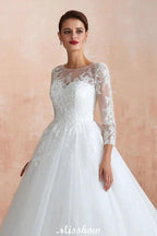Romantic Long Sleeve Lace Ball Gown Tulle Fully Covered Buttons Aline Wedding Dress with Court Train by misshow.com