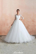 Romantic Long Sleeve Lace Ball Gown Tulle Fully Covered Buttons Aline Wedding Dress with Court Train by misshow.com