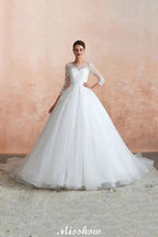 Romantic Long Sleeve Lace Ball Gown Tulle Fully Covered Buttons Aline Wedding Dress with Court Train by misshow.com