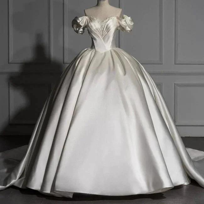 Romantic Off-the-shoulder Ball Gown Satin Wedding Dresses by misshow.com