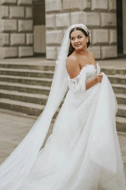 Romantic off-the-shoulder cap sleeves a-line tulle Wedding dress by misshow.com