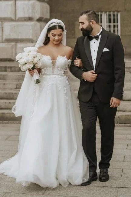 Romantic off-the-shoulder cap sleeves a-line tulle Wedding dress by misshow.com