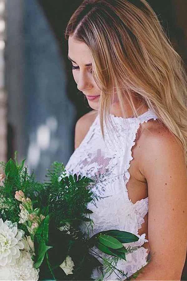 Romantic Sexy Front Split Open Back Sleeveless Lace Wedding Dresses with Train WD269 by pgmdress