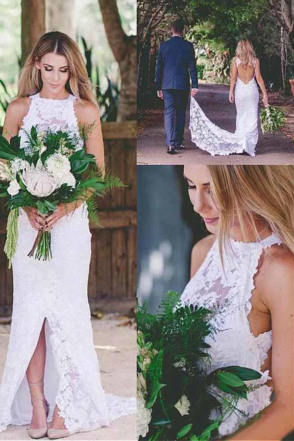 Romantic Sexy Front Split Open Back Sleeveless Lace Wedding Dresses with Train WD269 by pgmdress