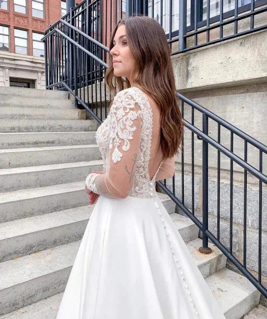 Romantic Soft Lace Wedding Dress Long Sleeves Aline Bridal Dress with V-Neck by misshow.com