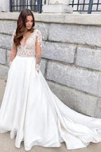 Romantic Soft Lace Wedding Dress Long Sleeves Aline Bridal Dress with V-Neck by misshow.com