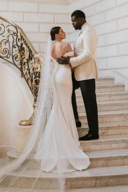 Romantic spaghetti straps cap sleeves mermaid satin Wedding dress by misshow.com