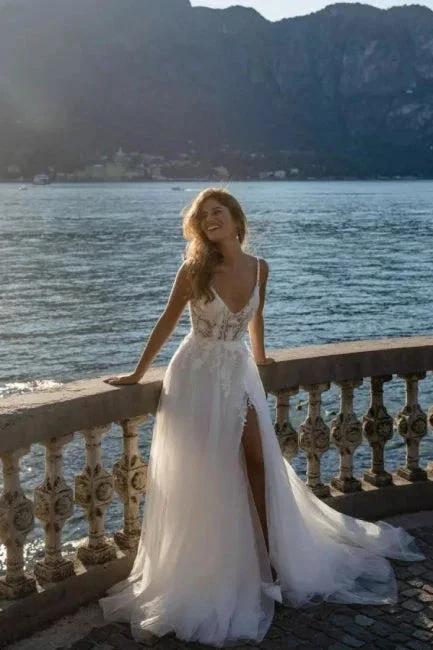 Romantic spaghetti straps sleeveless a-line lace Wedding dresses by misshow.com