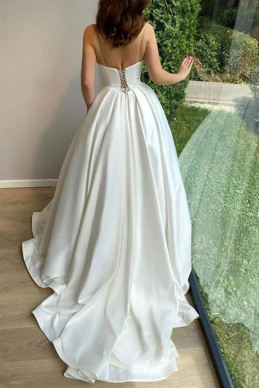 Romantic Spaghetti Straps White Lace Appliques Aline Wedding Dress Sleeveless Bridal Dress with Train by misshow.com