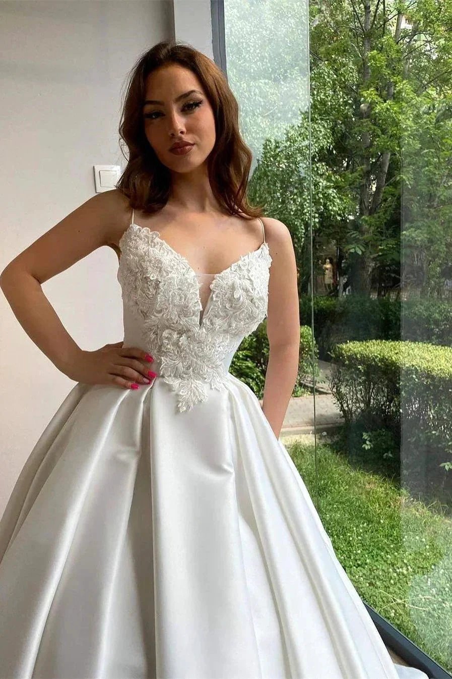 Romantic Spaghetti Straps White Lace Appliques Aline Wedding Dress Sleeveless Bridal Dress with Train by misshow.com