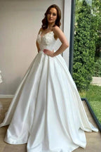 Romantic Spaghetti Straps White Lace Appliques Aline Wedding Dress Sleeveless Bridal Dress with Train by misshow.com