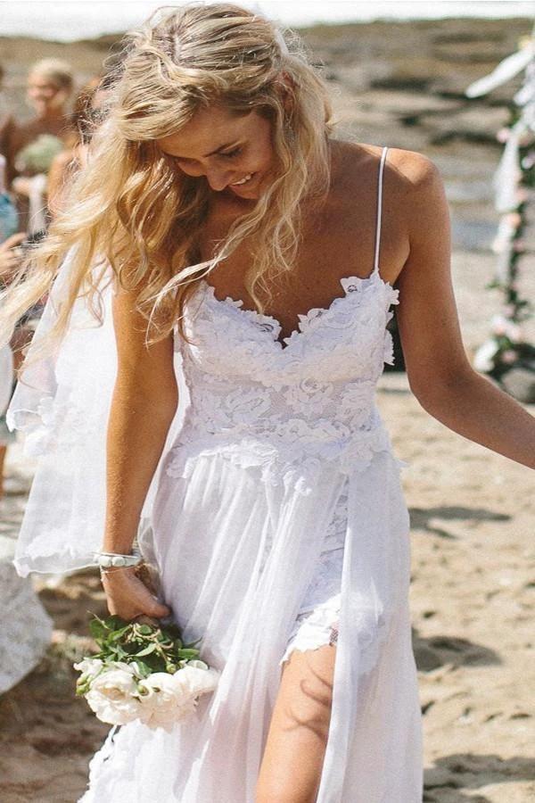 Romantic Sweetheart Chiffon Beach Wedding Dress with Lace PG201 by pgmdress