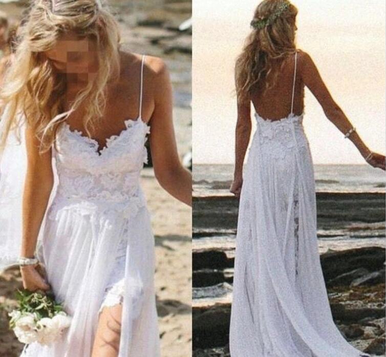 Romantic Sweetheart Chiffon Beach Wedding Dress with Lace PG201 by pgmdress