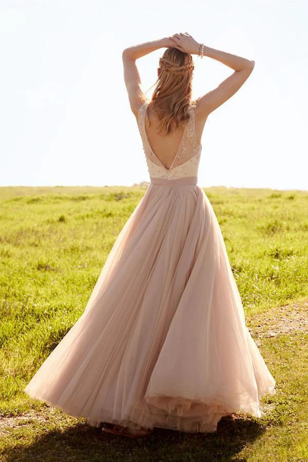 Romantic V Neck Blush Pink Lace Wedding Dresses Detachable Skirt Bridal Dresses WD088 by pgmdress