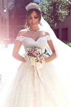Romantic White Long A-line Off The Shoulder Sweetheart Wedding Dresses With Lace by BIZTUNNEL