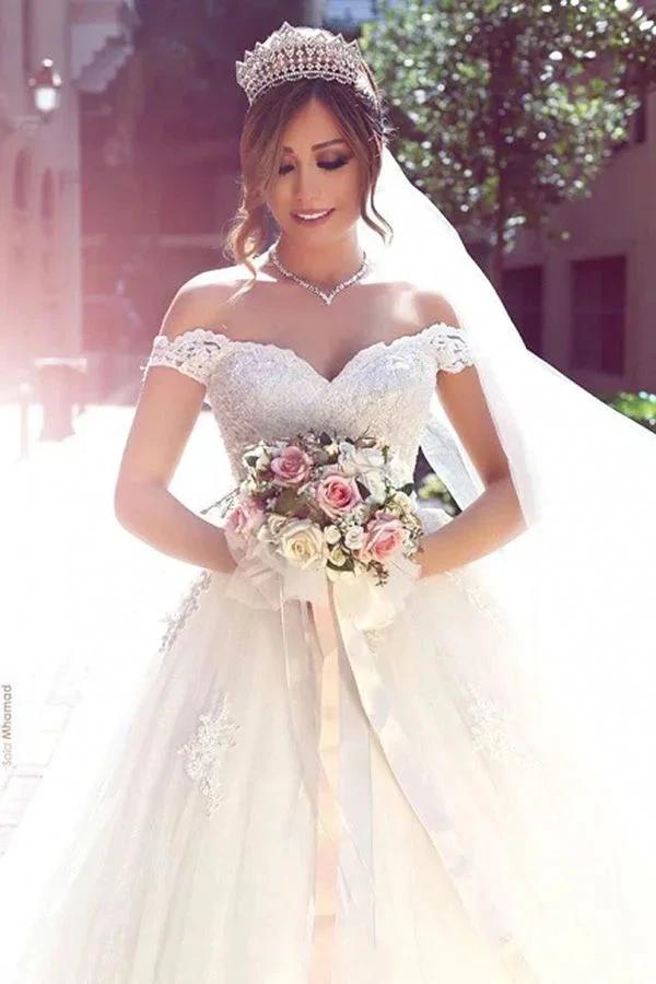 Romantic White Long A-line Off The Shoulder Sweetheart Wedding Dresses With Lace by BIZTUNNEL
