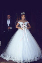 Romantic White Long A-line Off The Shoulder Sweetheart Wedding Dresses With Lace by BIZTUNNEL
