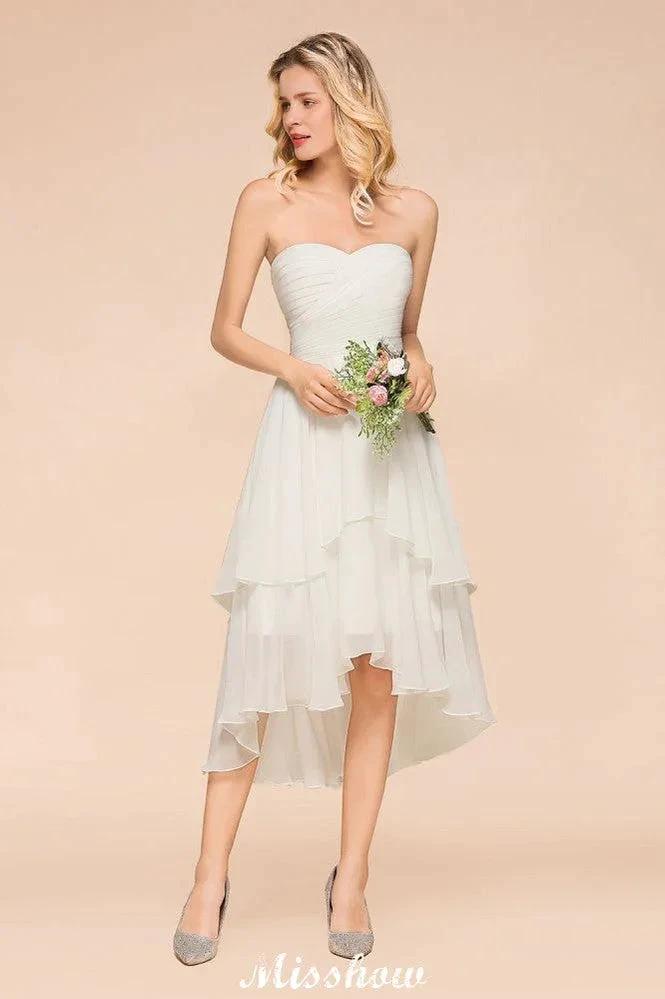 Romantic White/Ivory Sweetheart Hi-Lo Bridesmaid Dress Sleeveless Beach Wedding Guest Dress by misshow.com