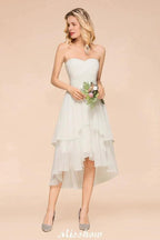 Romantic White/Ivory Sweetheart Hi-Lo Bridesmaid Dress Sleeveless Beach Wedding Guest Dress by misshow.com
