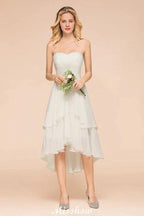 Romantic White/Ivory Sweetheart Hi-Lo Bridesmaid Dress Sleeveless Beach Wedding Guest Dress by misshow.com