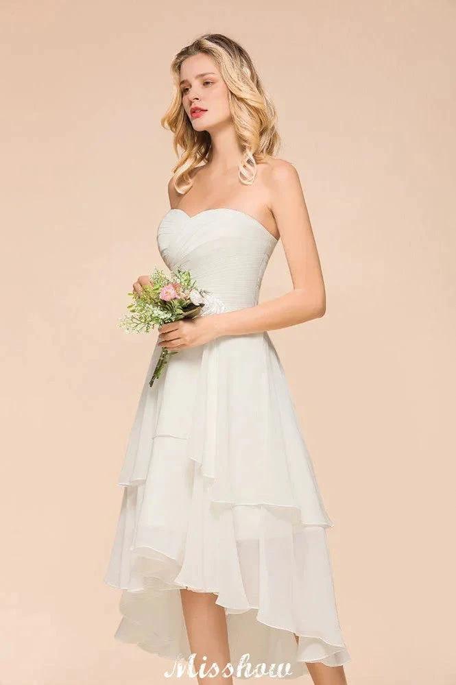 Romantic White/Ivory Sweetheart Hi-Lo Bridesmaid Dress Sleeveless Beach Wedding Guest Dress by misshow.com