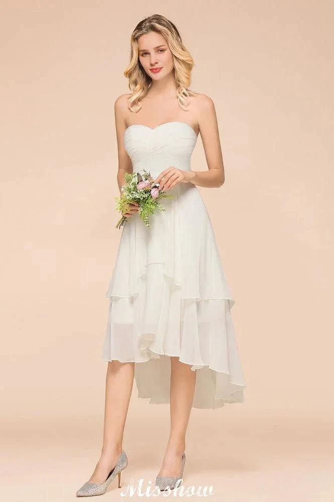 Romantic White/Ivory Sweetheart Hi-Lo Bridesmaid Dress Sleeveless Beach Wedding Guest Dress by misshow.com