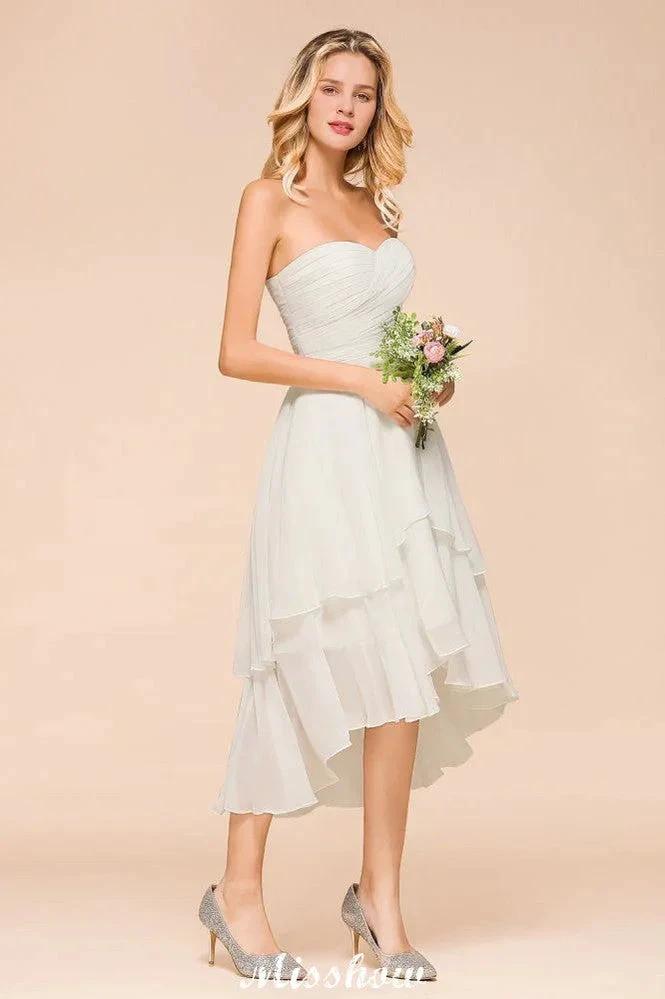 Romantic White/Ivory Sweetheart Hi-Lo Bridesmaid Dress Sleeveless Beach Wedding Guest Dress by misshow.com