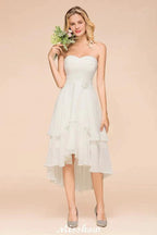 Romantic White/Ivory Sweetheart Hi-Lo Bridesmaid Dress Sleeveless Beach Wedding Guest Dress by misshow.com