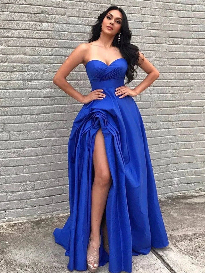 Rosario | A Line Sweetheart Satin Long Prom Dresses with Slit by KissProm
