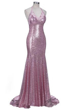 Rose Pink Sequins Mermaid Long Spaghetti Straps V-neck Prom Dresses by misshow.com