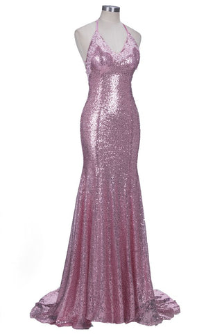 Rose Pink Sequins Mermaid Long Spaghetti Straps V-neck Prom Dresses