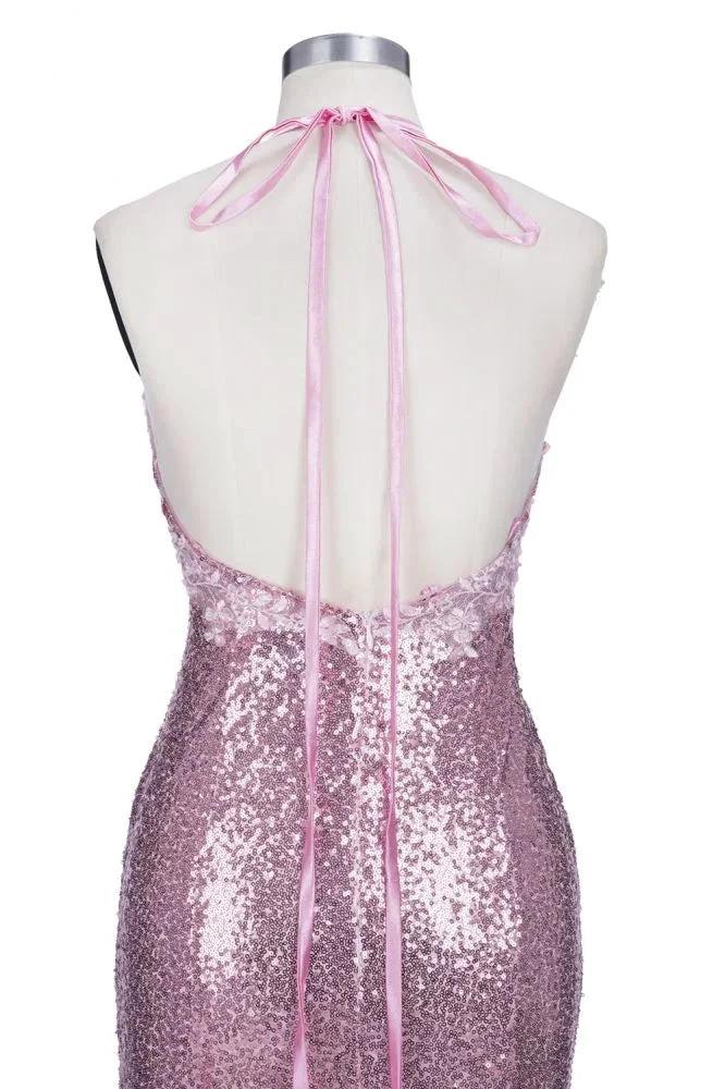 Rose Pink Sequins Mermaid Long Spaghetti Straps V-neck Prom Dresses by misshow.com