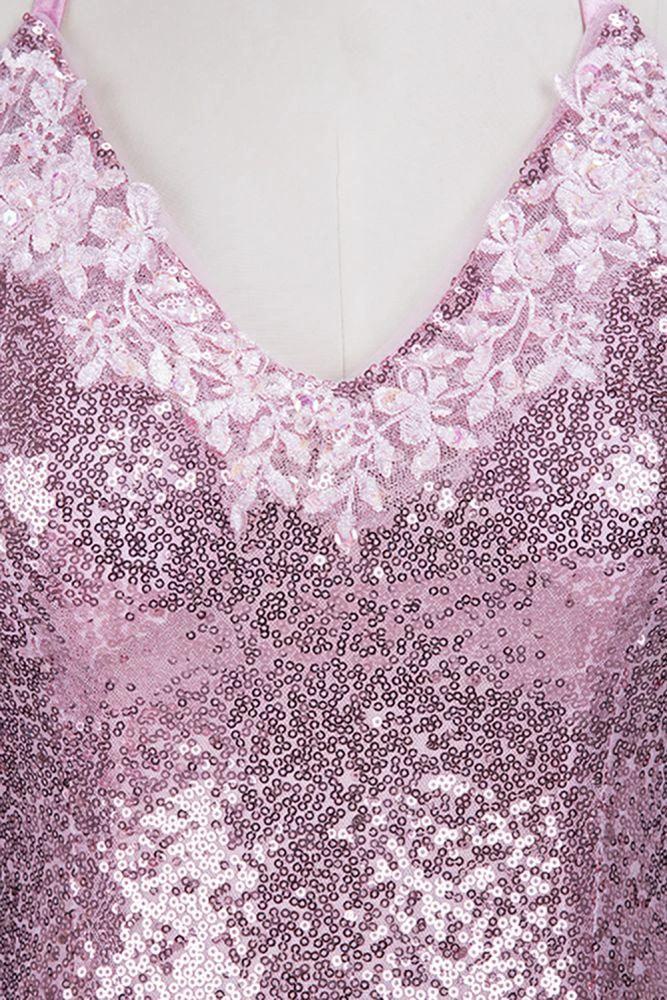 Rose Pink Sequins Mermaid Long Spaghetti Straps V-neck Prom Dresses by misshow.com