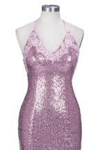 Rose Pink Sequins Mermaid Long Spaghetti Straps V-neck Prom Dresses by misshow.com