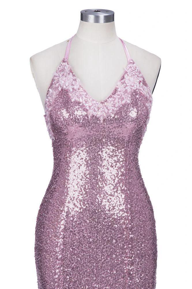 Rose Pink Sequins Mermaid Long Spaghetti Straps V-neck Prom Dresses by misshow.com