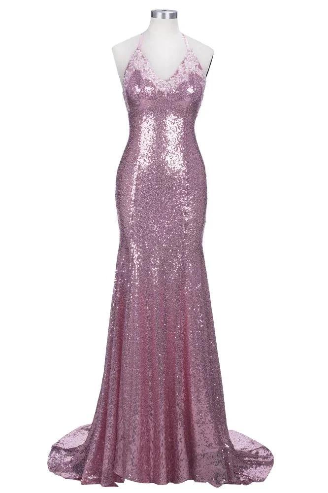Rose Pink Sequins Mermaid Long Spaghetti Straps V-neck Prom Dresses by misshow.com